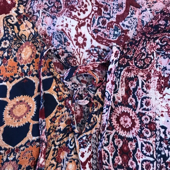 Rue21 Semi Sheer Printed Blouse Women Medium Burgundy Cream Earthy Boho Festival - Picture 7 of 9